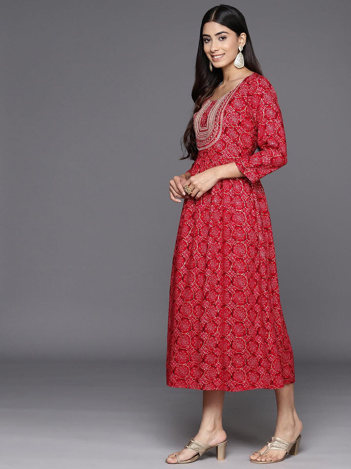 Red Printed Rayon Fit and Flare Dress - Libas