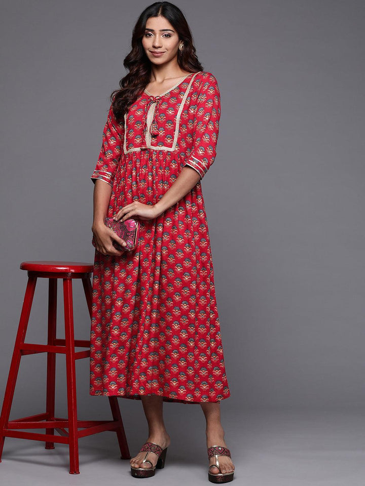 Red Printed Rayon Fit and Flare Dress - Libas