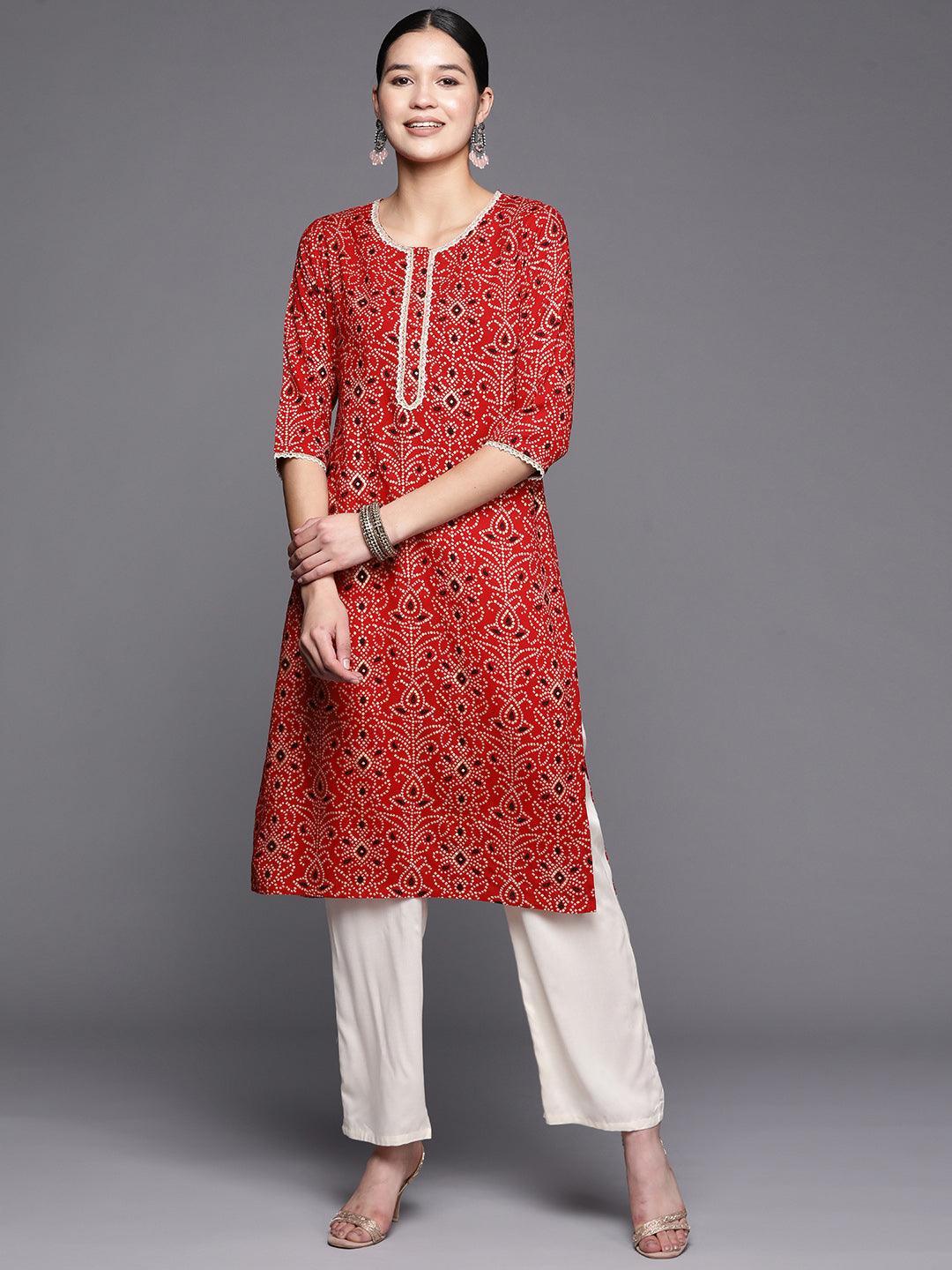 Red Printed Rayon Straight Kurta - ShopLibas