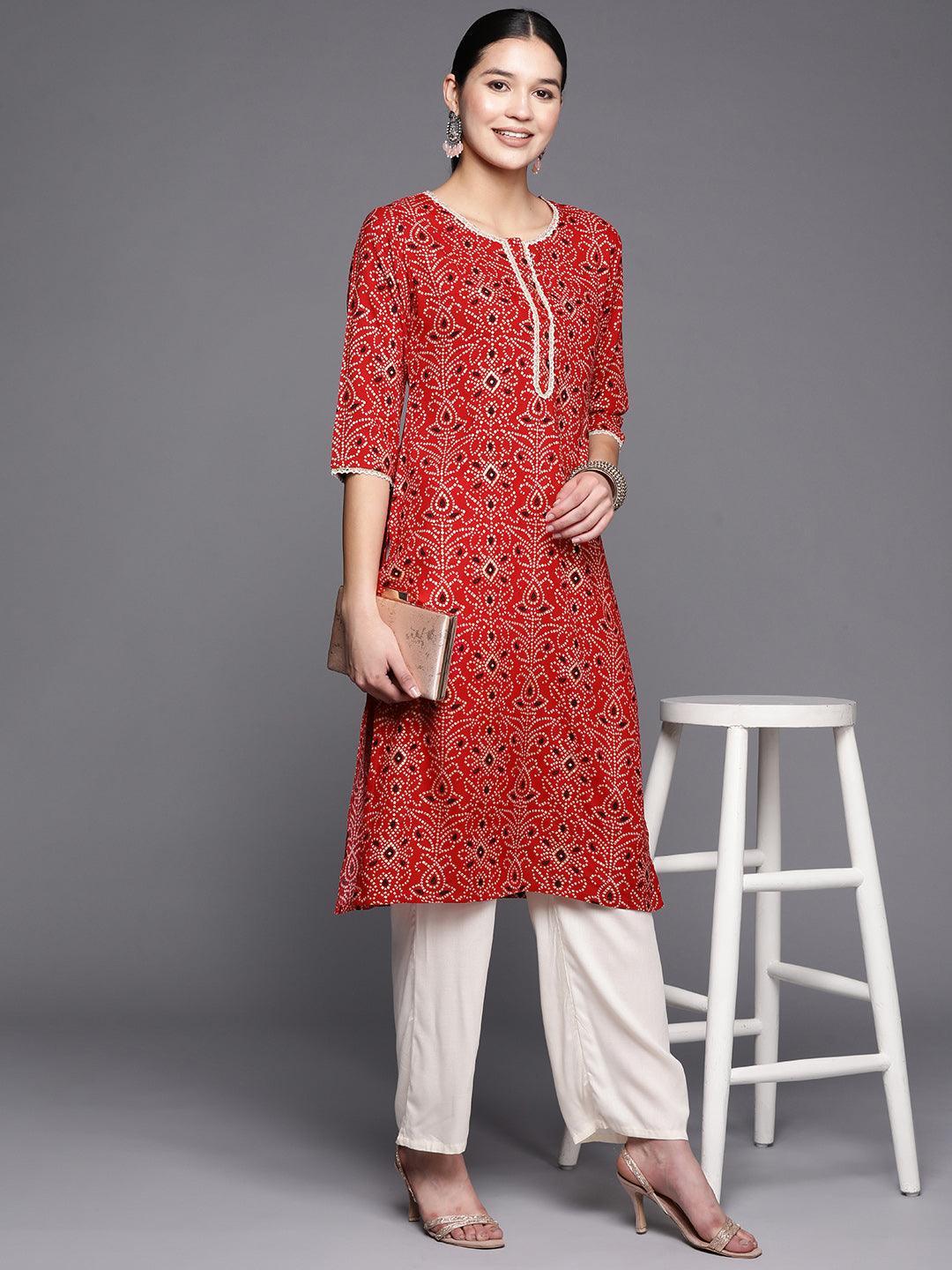 Red Printed Rayon Straight Kurta - ShopLibas 