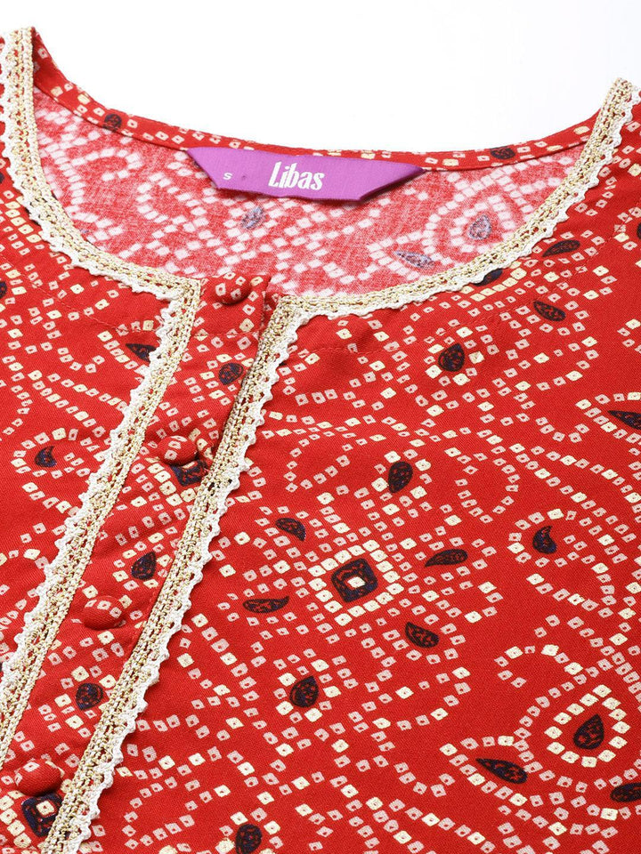 Red Printed Rayon Straight Kurta