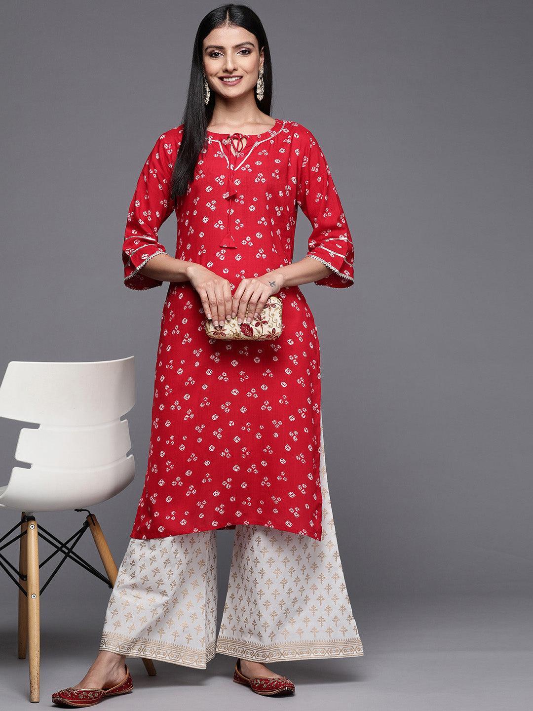 Red Printed Rayon Straight Kurta - Libas 