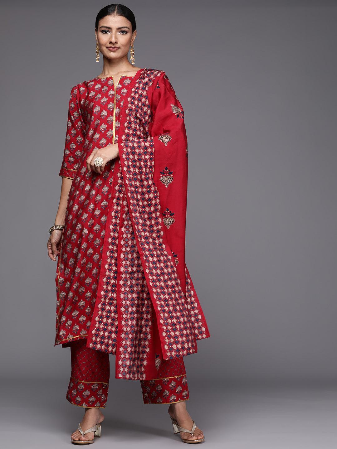 Red Printed Silk Blend Straight Suit Set - ShopLibas