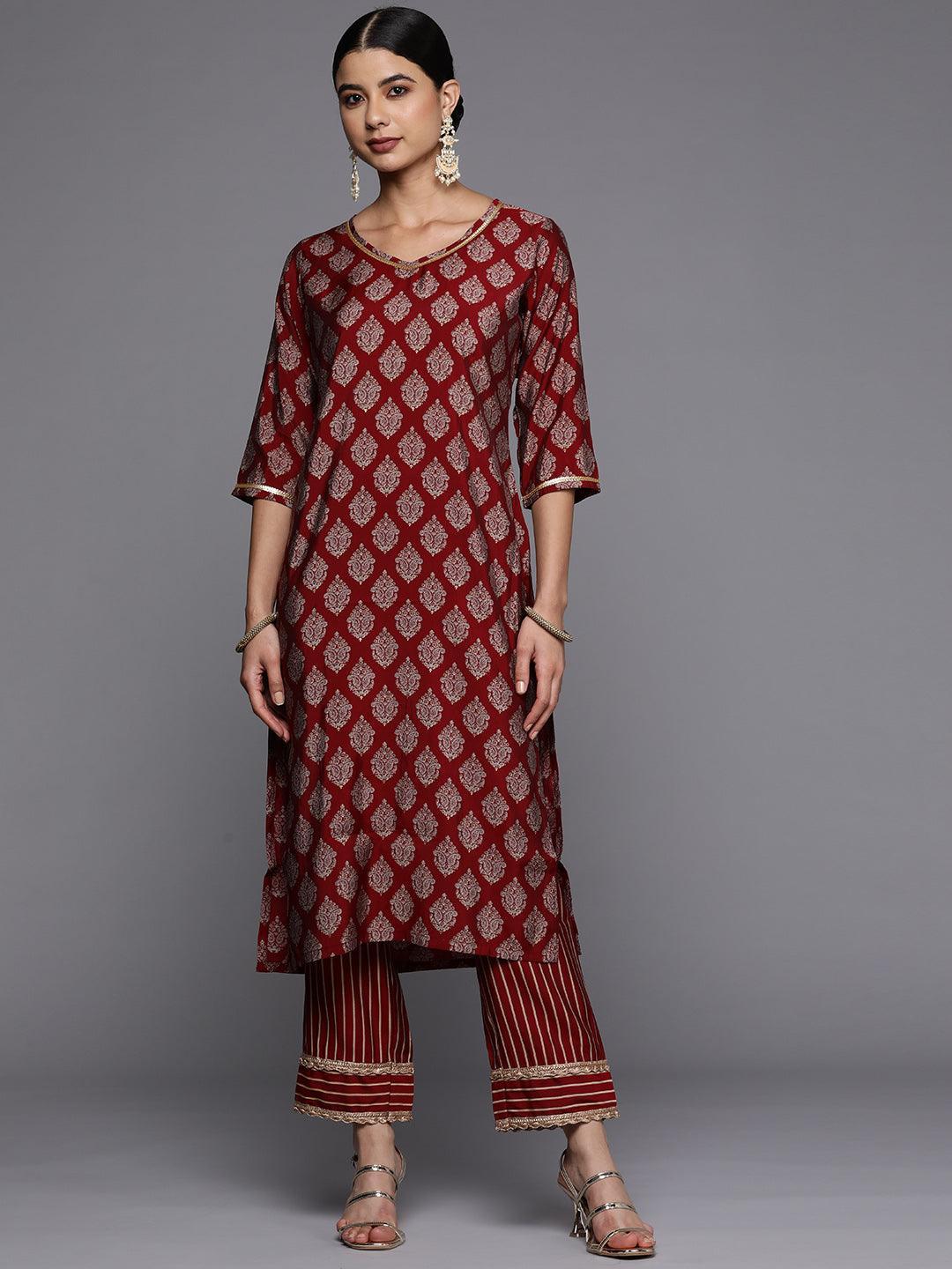 Red Printed Silk Straight Kurta - ShopLibas