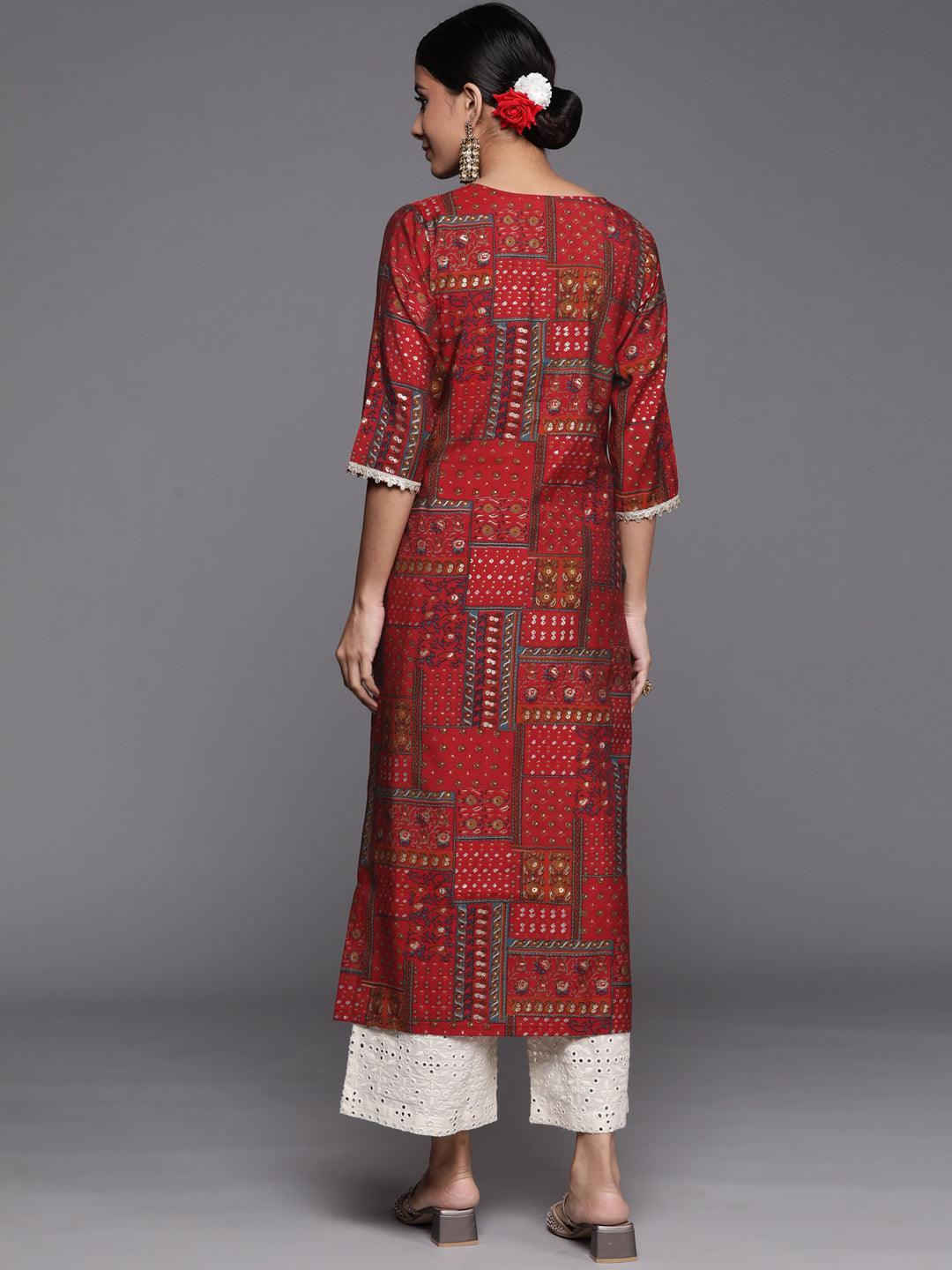 Red Printed Silk Straight Kurta - ShopLibas 
