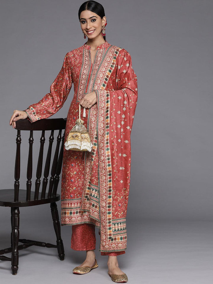 Red Printed Velvet Straight Kurta With Dupatta