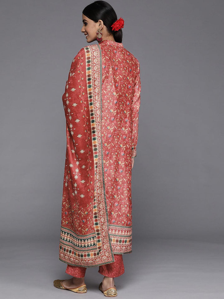 Red Printed Velvet Straight Kurta With Dupatta