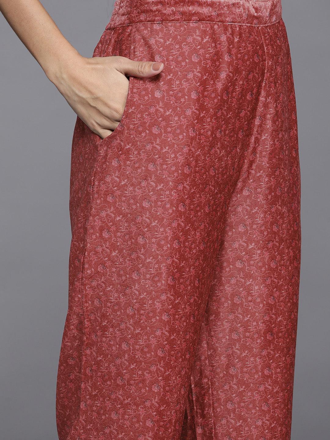 Red Printed Velvet Straight Suit Set With Trousers - Libas 