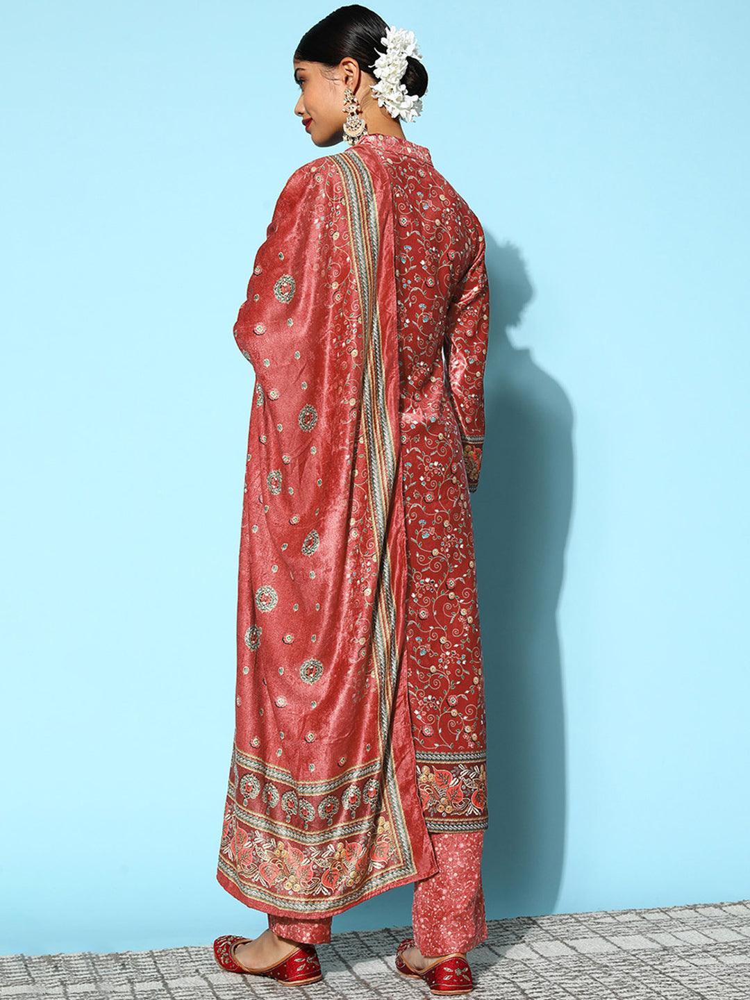 Red Printed Velvet Straight Suit Set - ShopLibas 