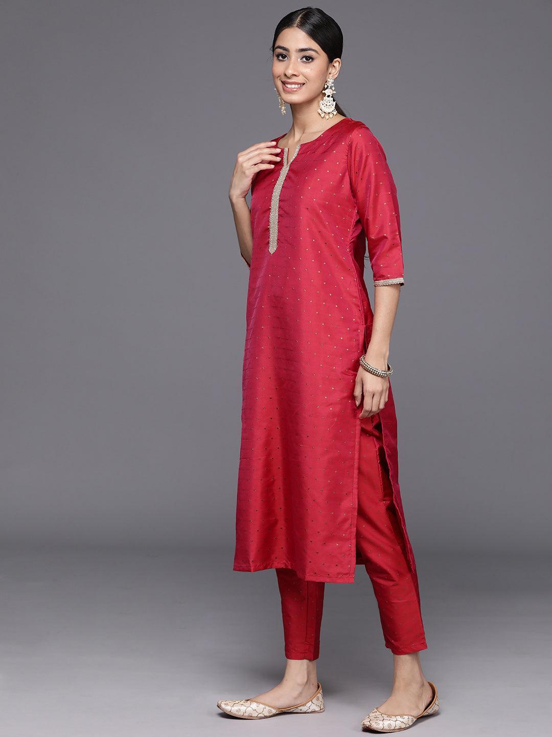 Red Self Design Art Silk Straight Kurta With Trousers & Dupatta - Libas 