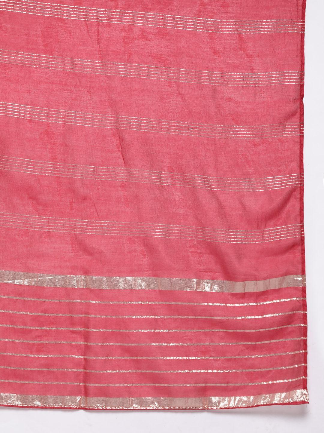 Red Self Design Art Silk Straight Kurta With Trousers & Dupatta - Libas 