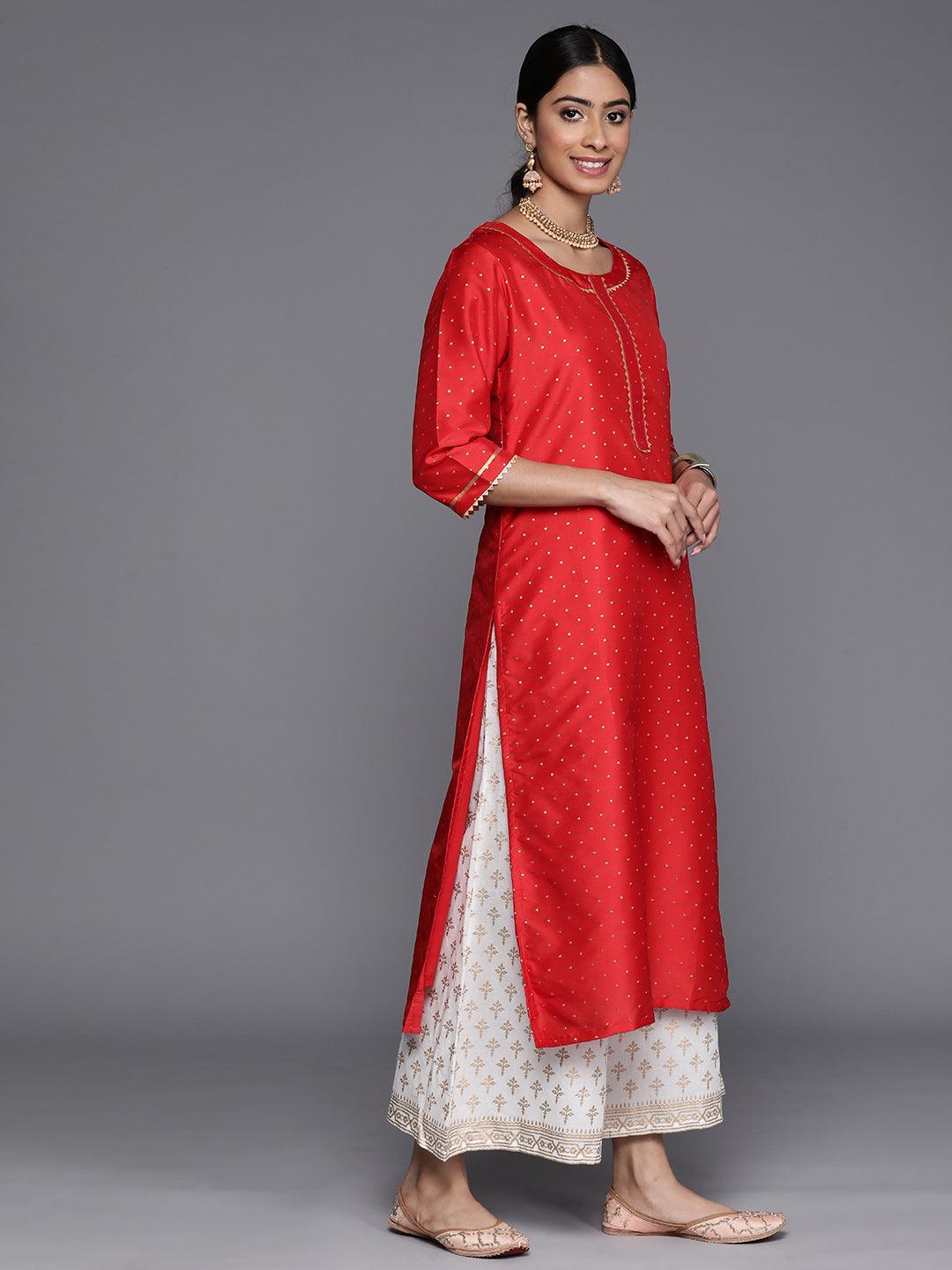 Red Woven Design Art Silk Straight Kurta - ShopLibas 