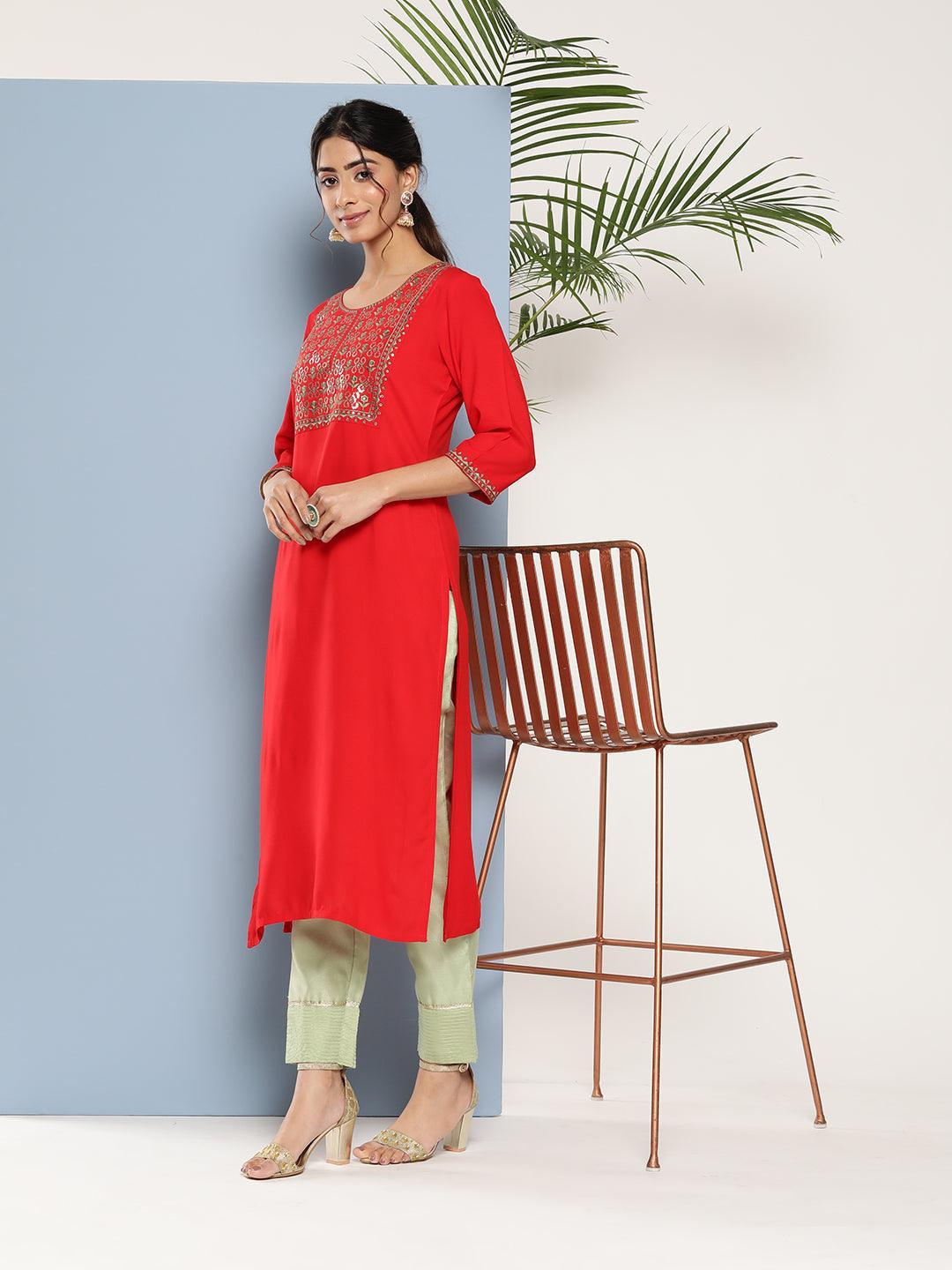 Red Yoke Design Rayon Straight Kurta - ShopLibas 