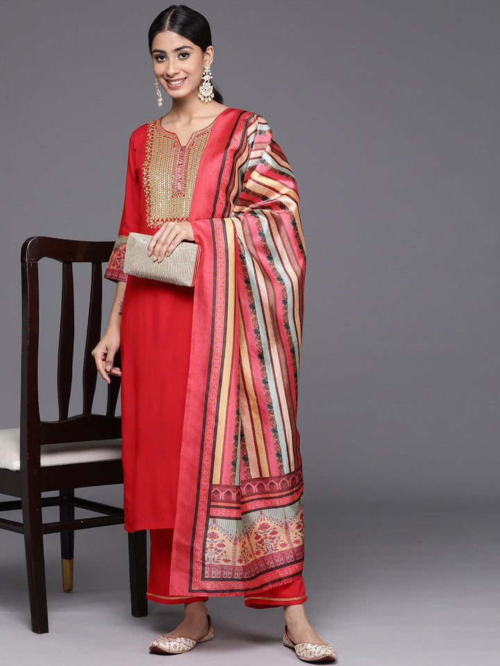 Red Yoke Design Rayon Straight Kurta With Trousers & Dupatta