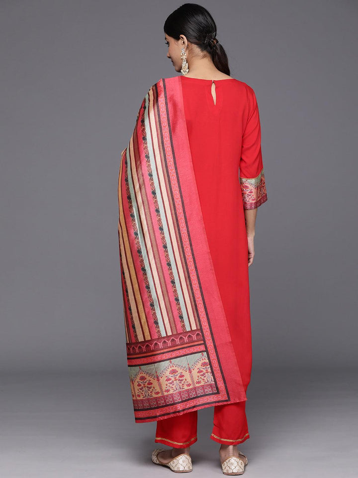 Red Yoke Design Rayon Straight Kurta With Trousers & Dupatta