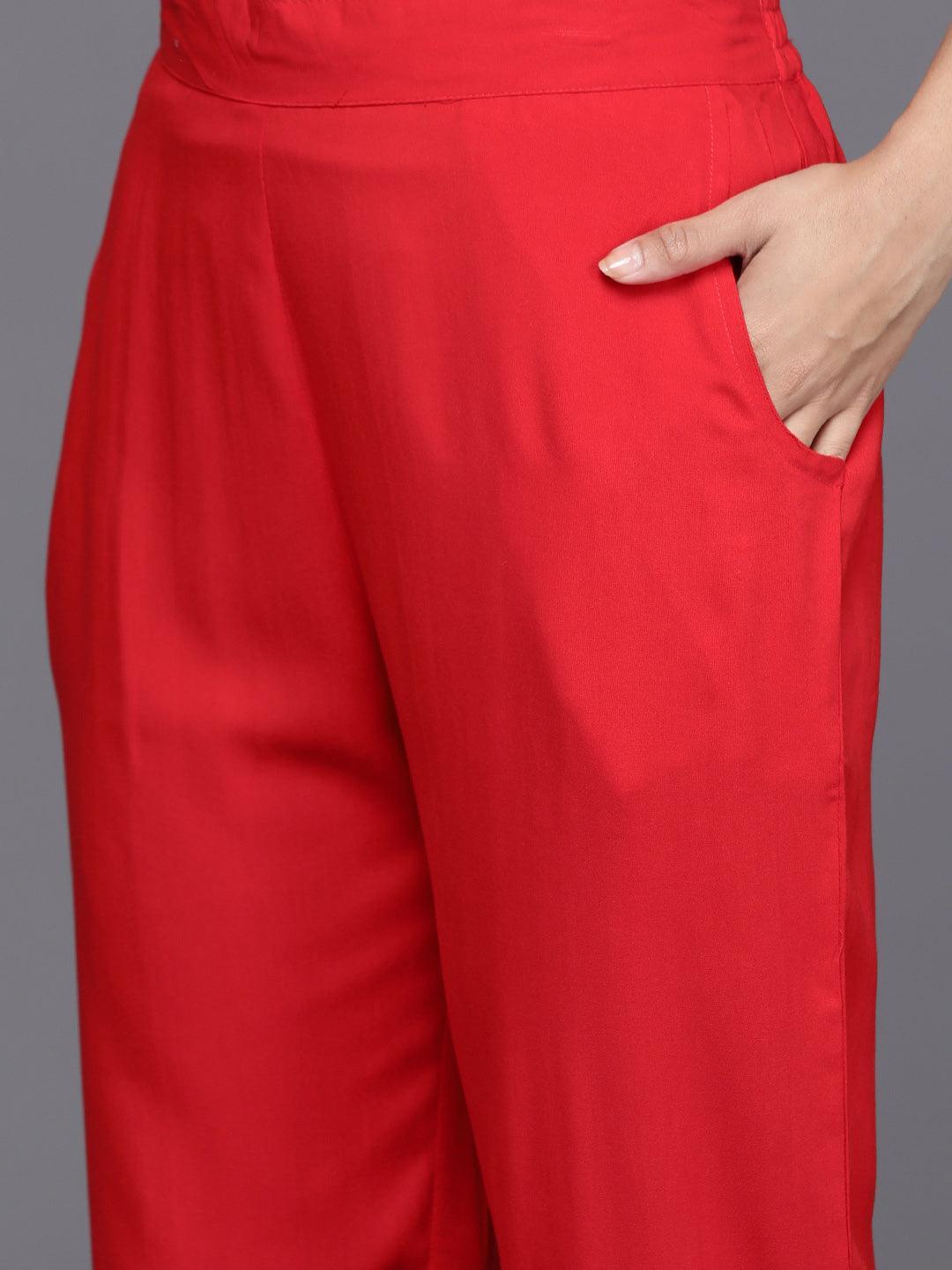 Red Yoke Design Rayon Straight Kurta With Trousers & Dupatta - Libas 