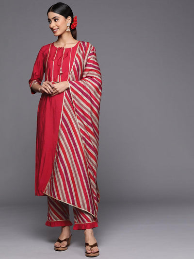 Red Yoke Design Silk Blend Straight Suit Set With Trousers - ShopLibas