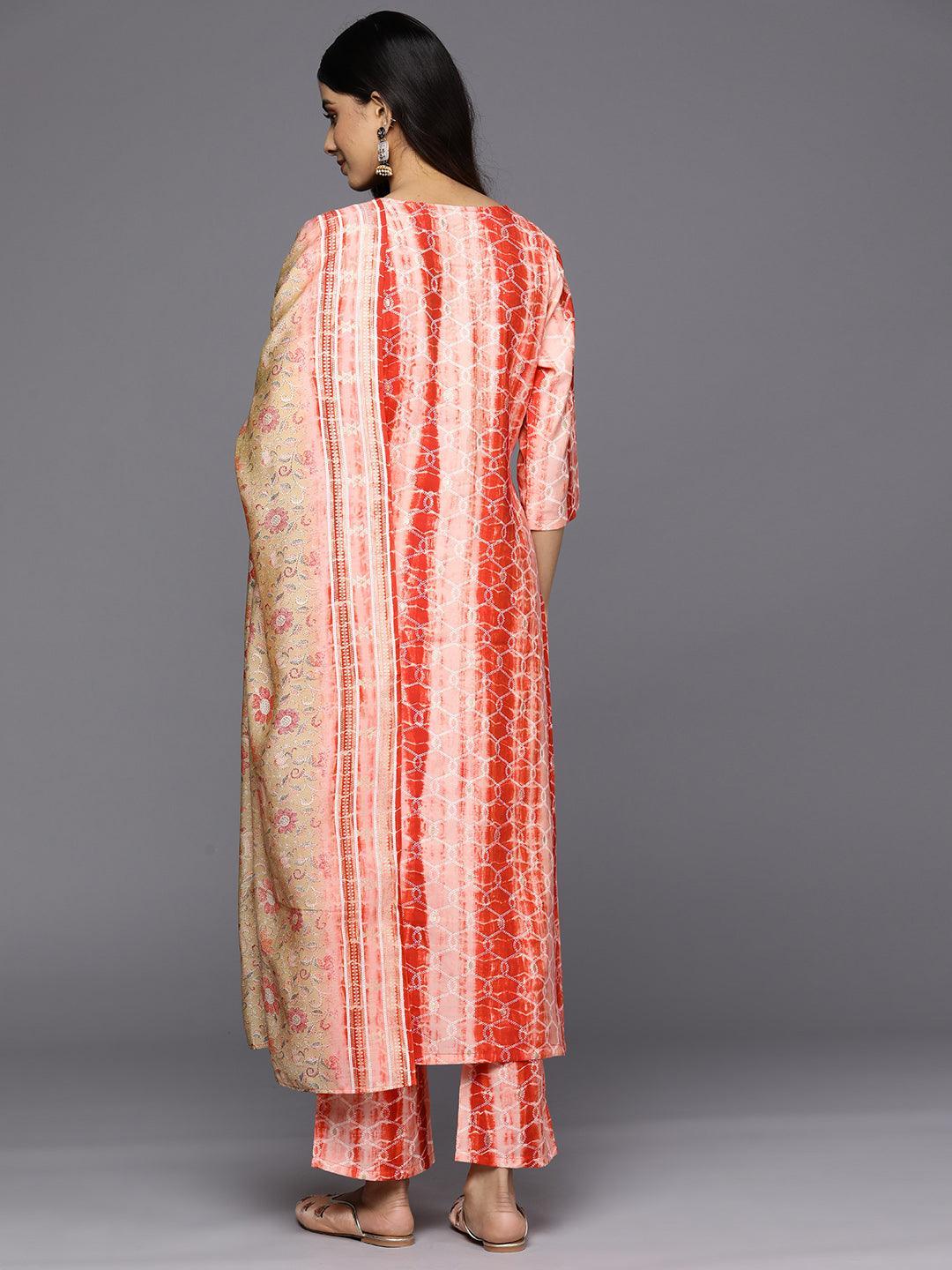 Red Yoke Design Silk Blend Straight Suit Set With Trousers - ShopLibas