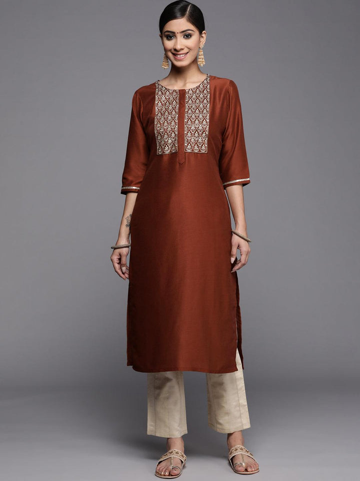 Rust Embroidered Silk Kurta