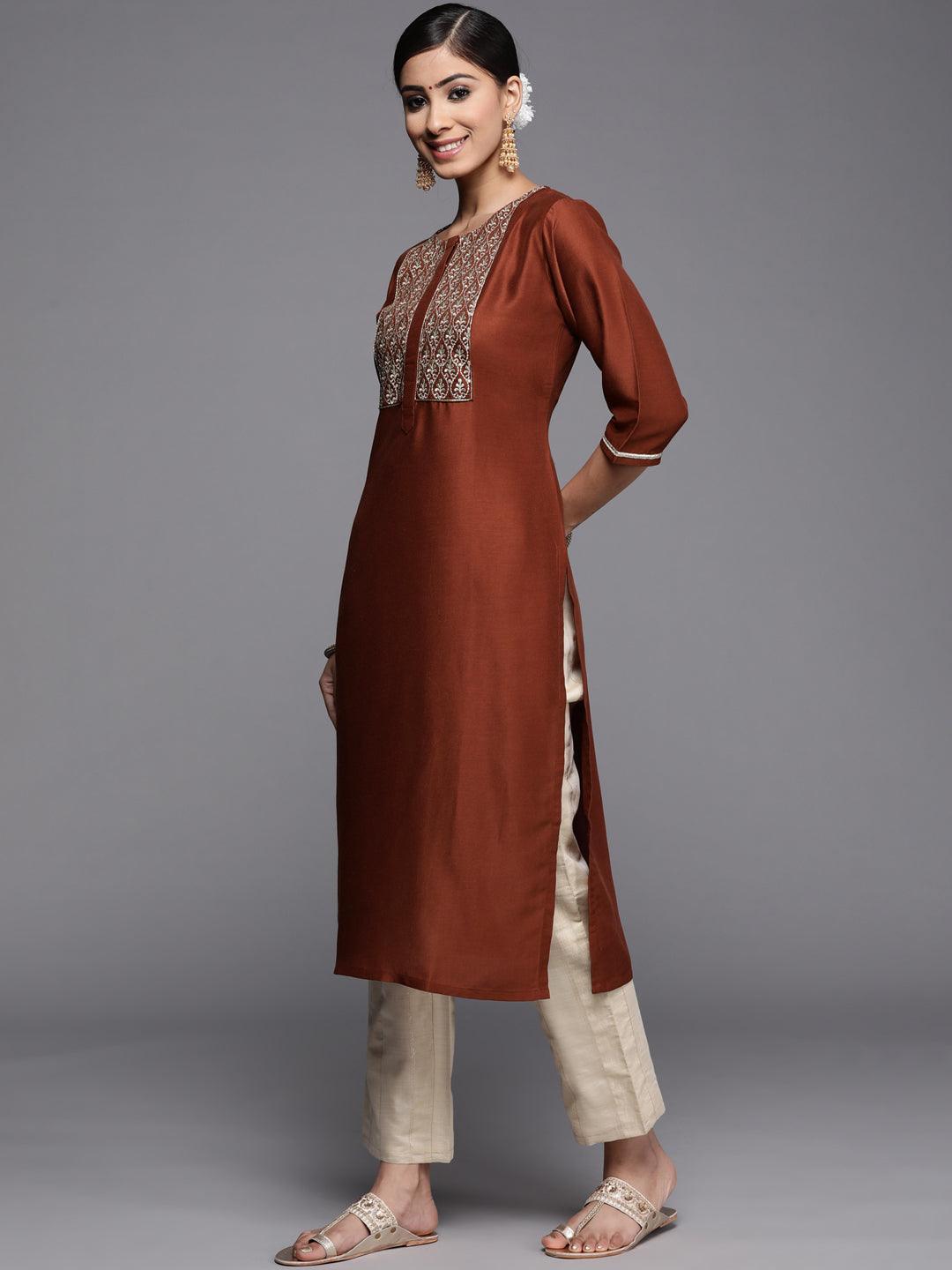 Rust Embroidered Silk Kurta - ShopLibas 