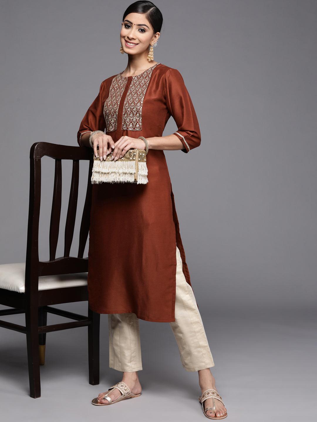 Rust Embroidered Silk Kurta - ShopLibas 