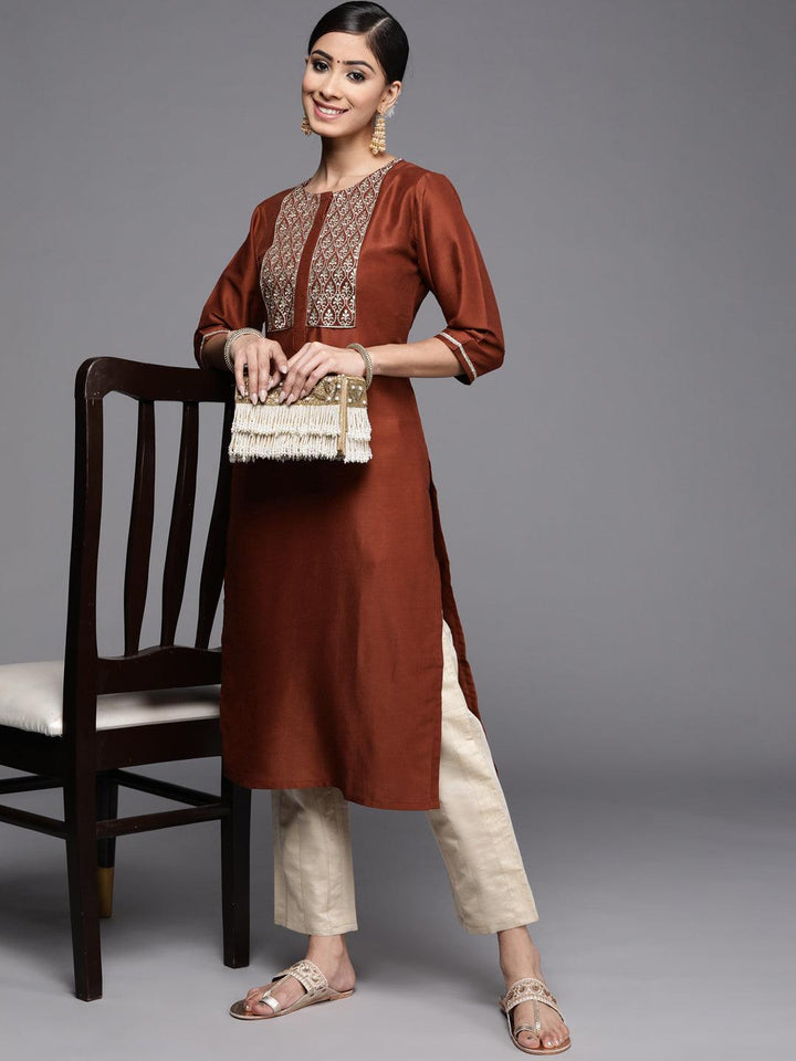 Rust Embroidered Silk Kurta