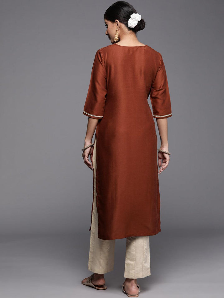 Rust Embroidered Silk Kurta