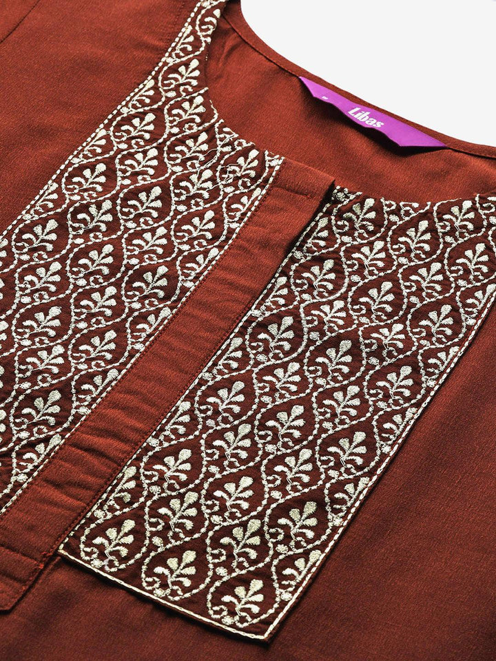 Rust Embroidered Silk Kurta
