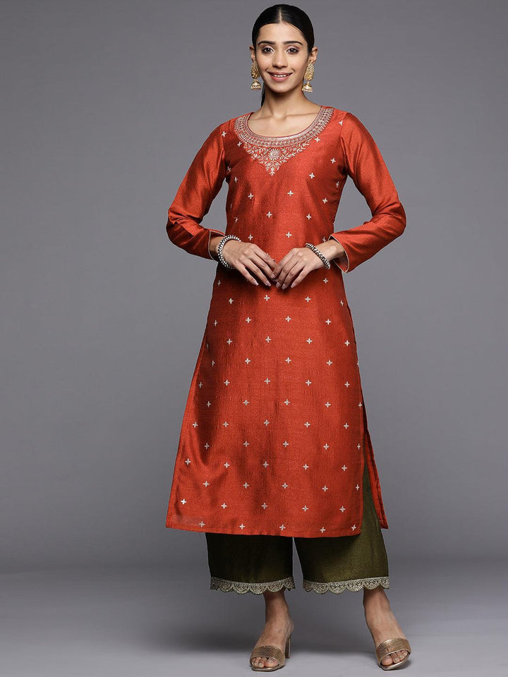 Rust Embroidered Silk Straight Kurta - ShopLibas
