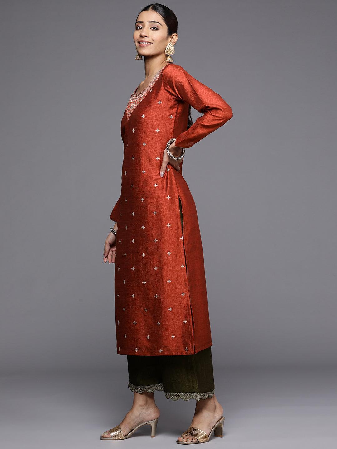 Rust Embroidered Silk Straight Kurta - ShopLibas