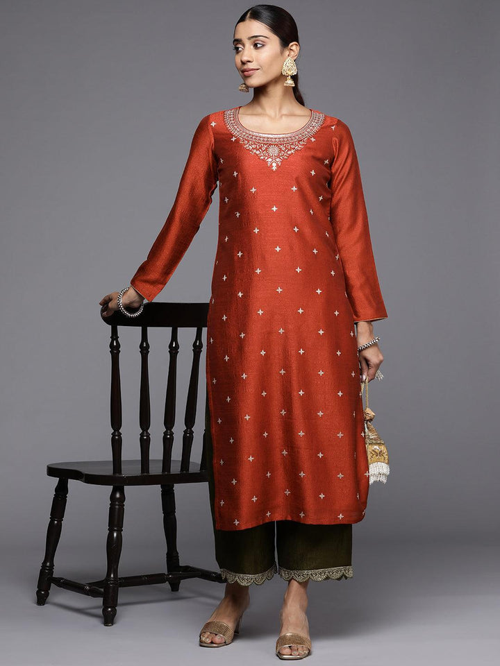 Rust Embroidered Silk Straight Kurta - ShopLibas