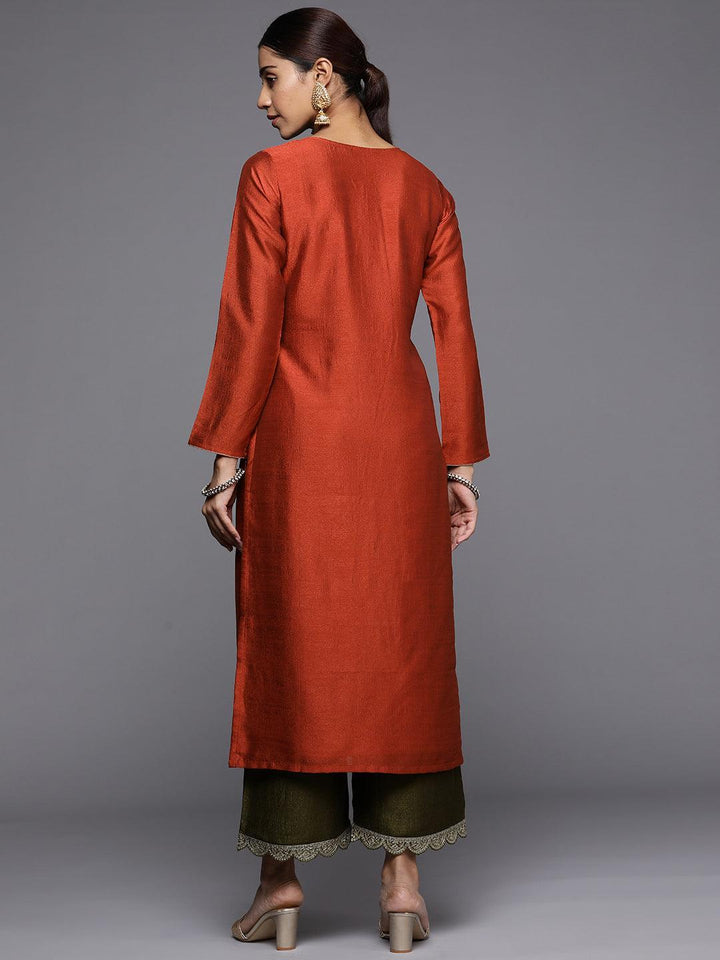 Rust Embroidered Silk Straight Kurta - ShopLibas