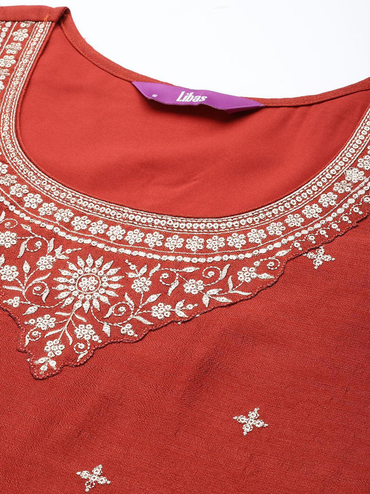 Rust Embroidered Silk Straight Kurta - ShopLibas