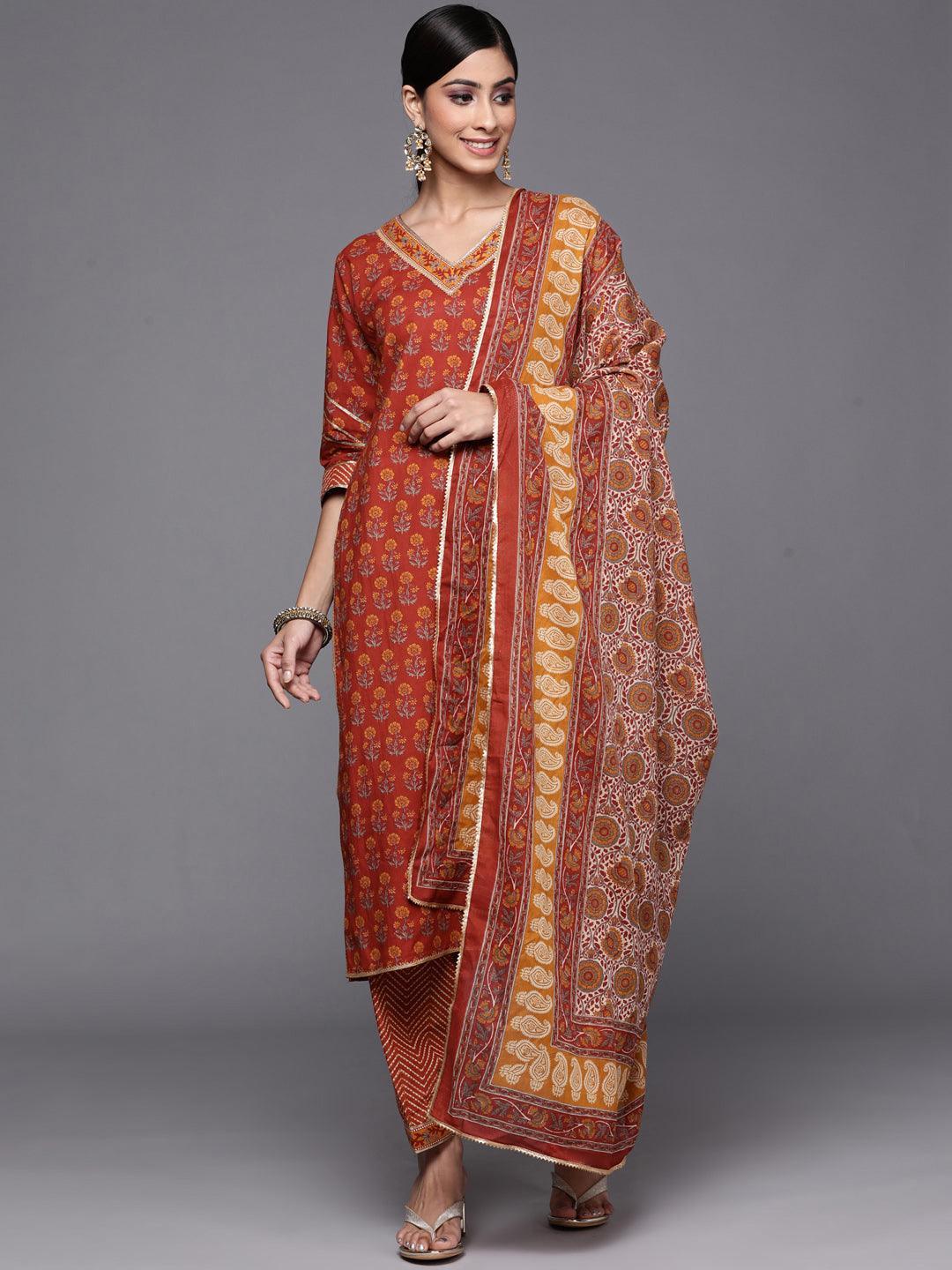 Rust Printed Cotton Straight Suit Set - ShopLibas