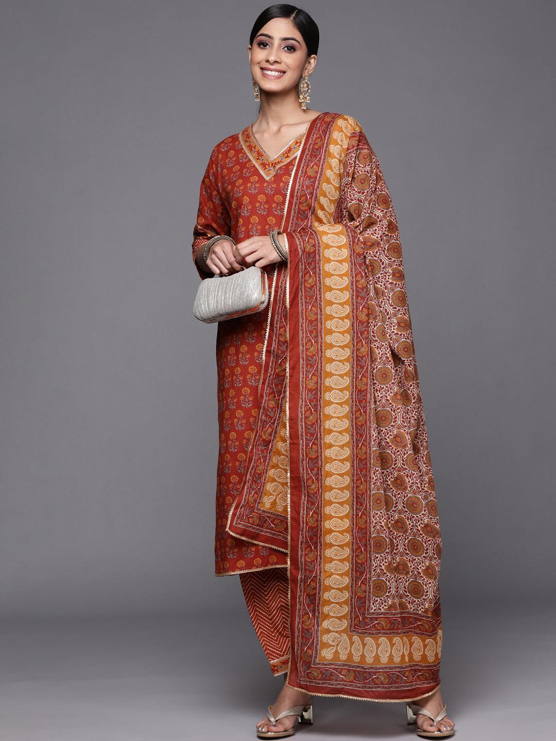 Rust Printed Cotton Straight Suit Set - ShopLibas