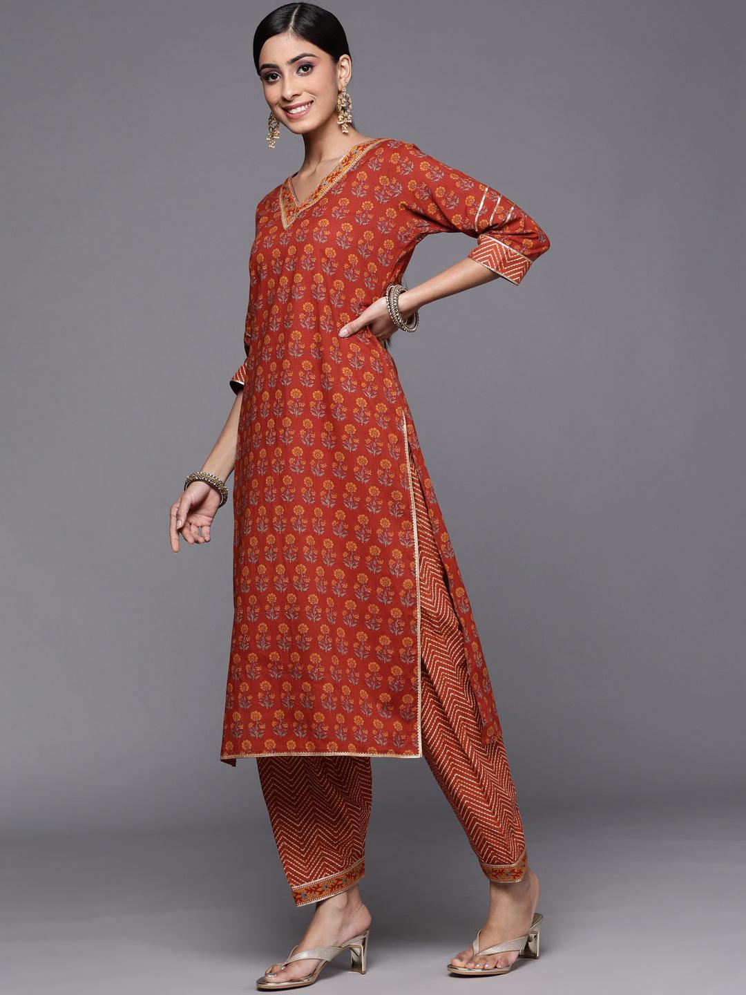 Rust Printed Cotton Straight Suit Set - ShopLibas