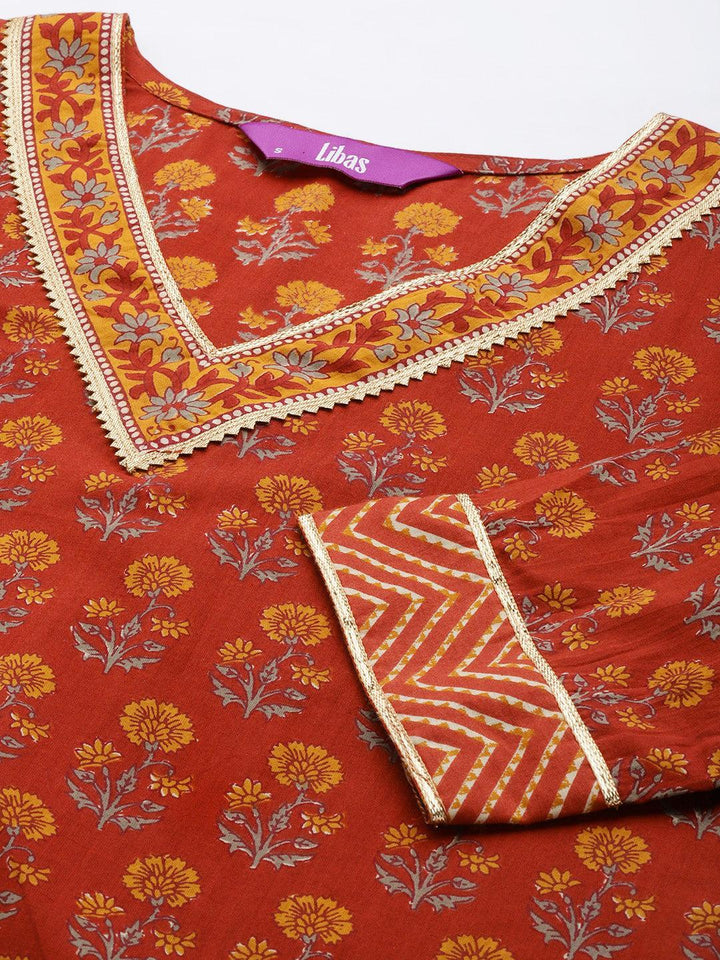 Rust Printed Cotton Straight Suit Set - ShopLibas