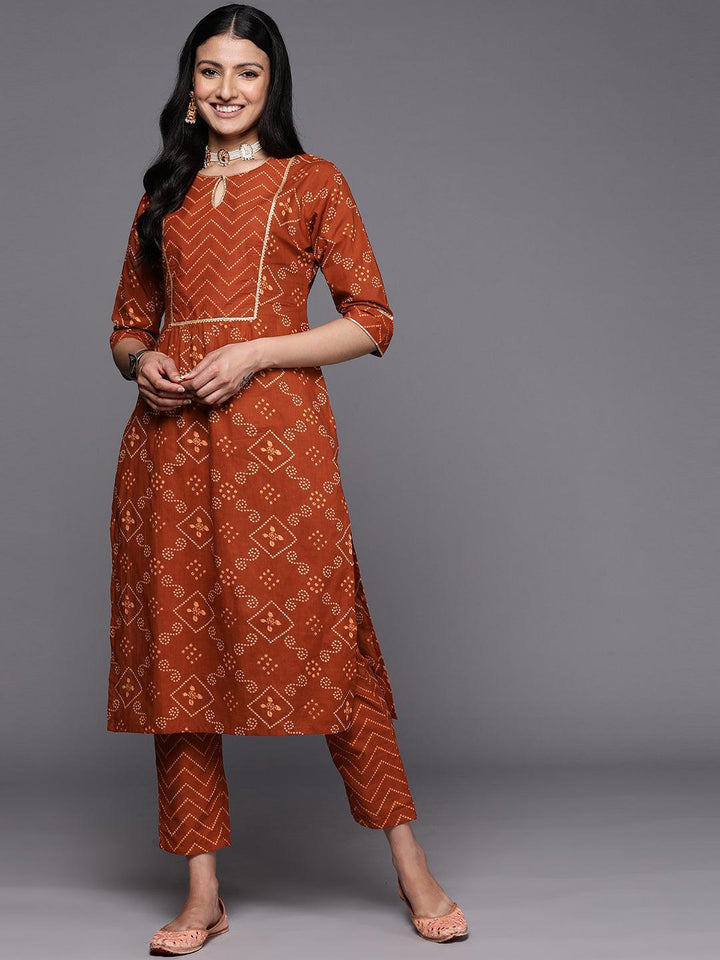 Rust Printed Cotton Straight Kurta Set With Trousers
