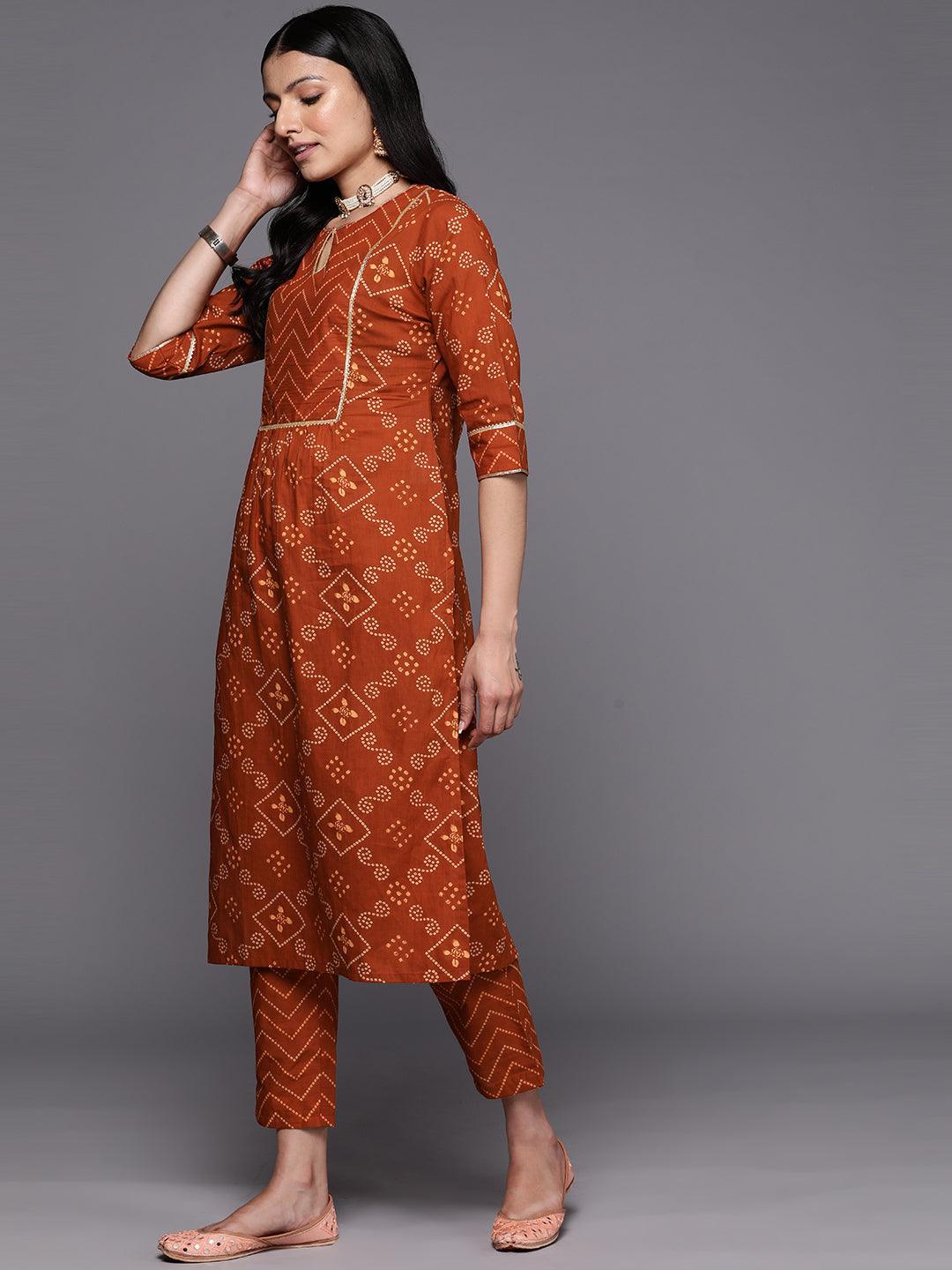 Rust Printed Cotton Straight Kurta Set With Trousers - ShopLibas 