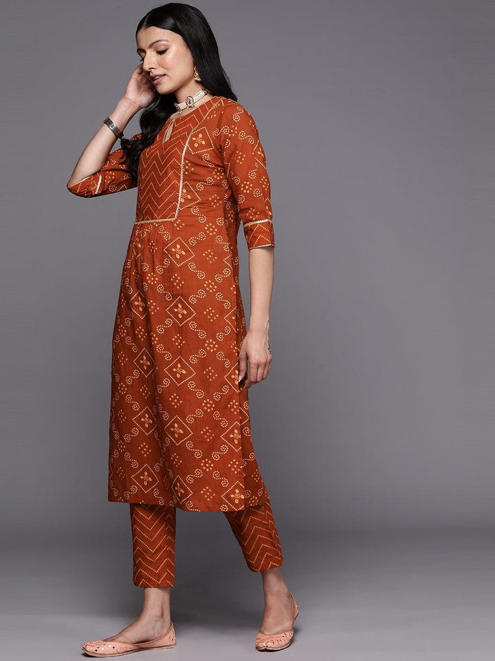 Rust Printed Cotton Straight Kurta Set With Trousers