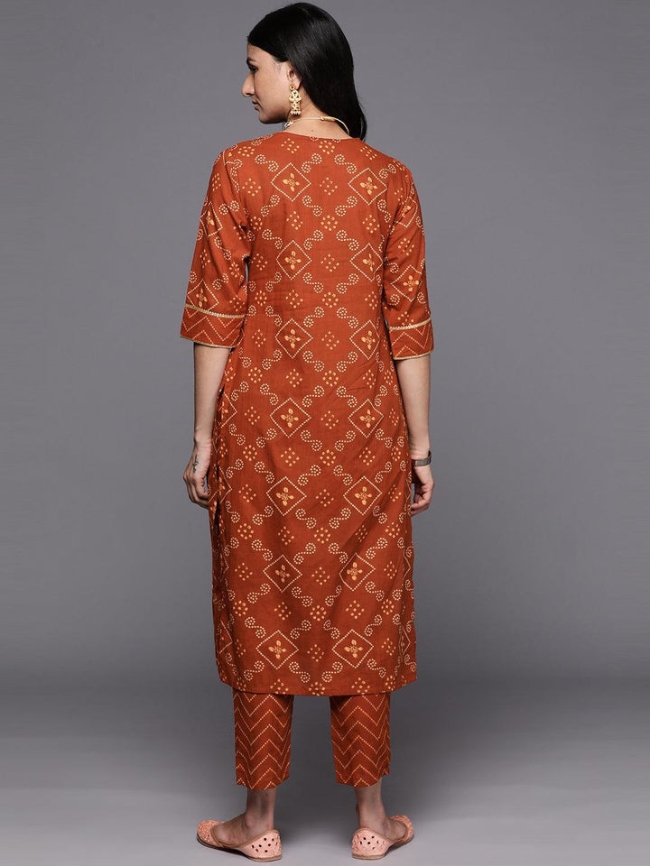 Rust Printed Cotton Straight Kurta Set With Trousers