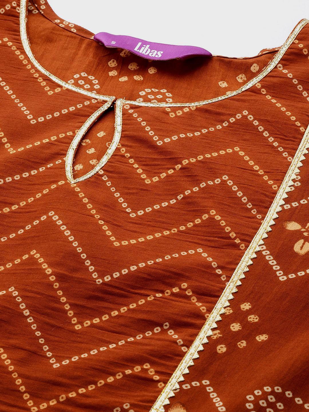 Rust Printed Cotton Straight Kurta Set With Trousers - ShopLibas 