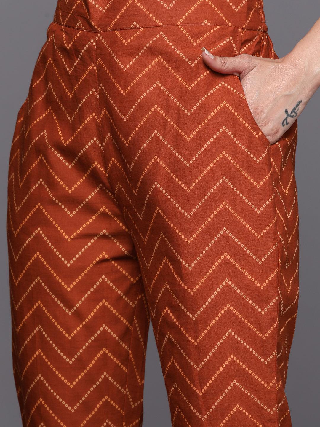 Rust Printed Cotton Straight Kurta Set With Trousers - ShopLibas 