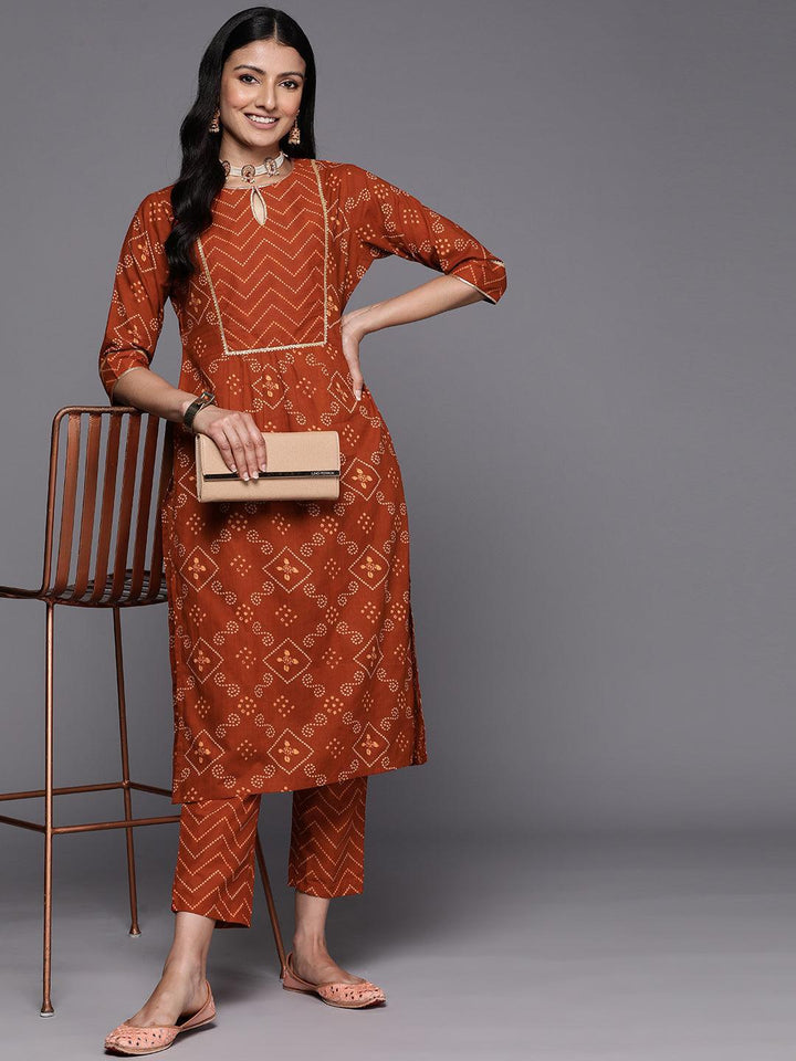 Rust Printed Cotton Straight Kurta Set With Trousers