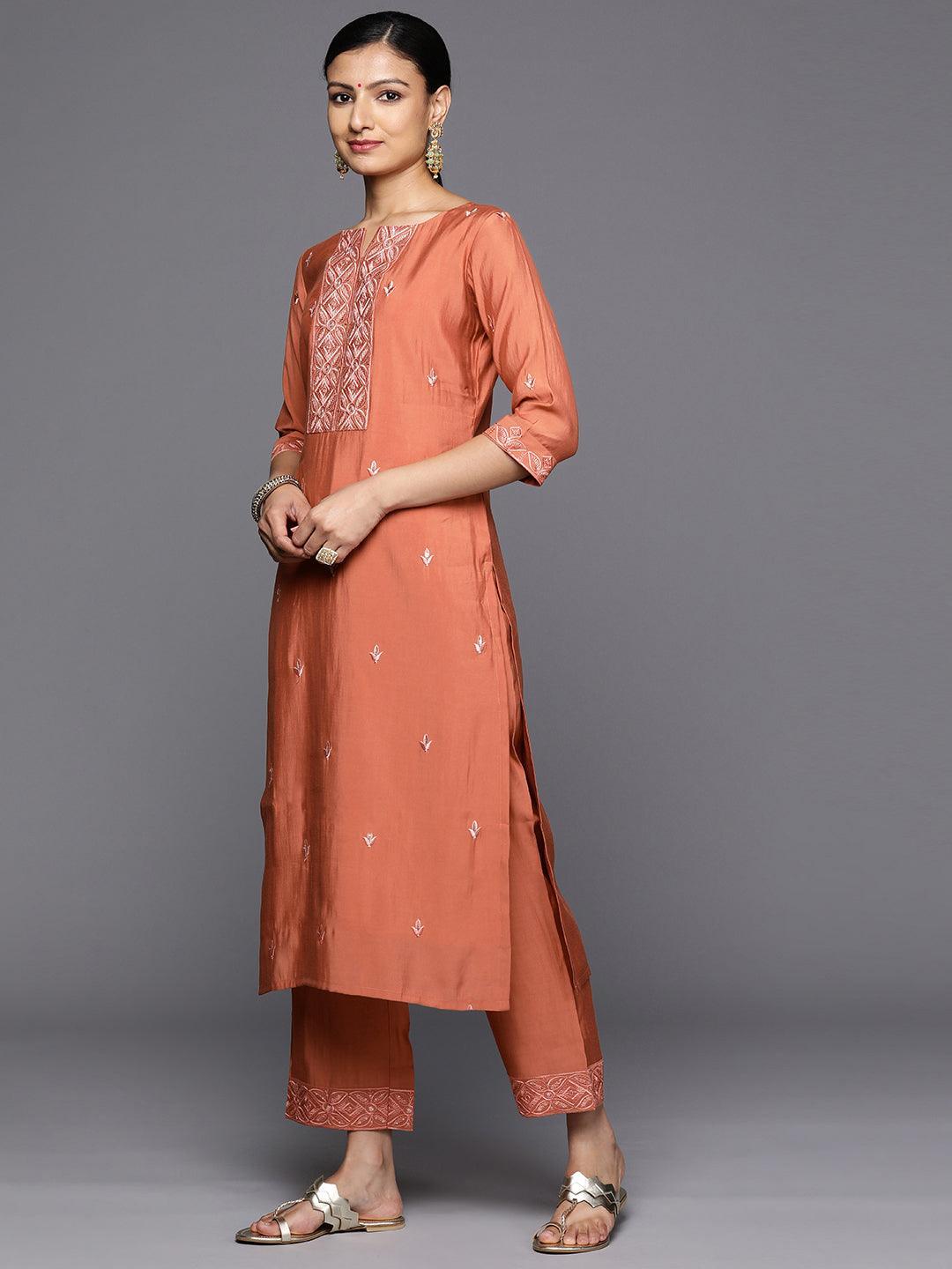 Rust Printed Silk Blend Straight Kurta With Trousers & Dupatta - Libas 