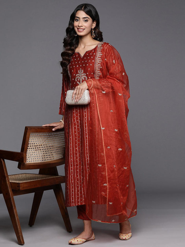 Rust Printed Silk Blend Straight Kurta With Trousers & Dupatta