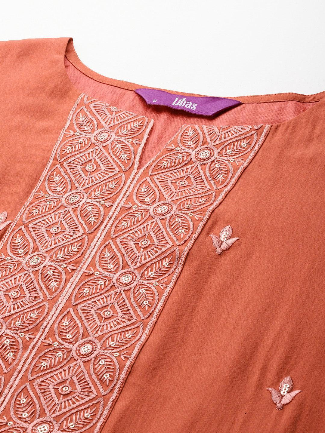 Rust Printed Silk Blend Straight Kurta With Trousers & Dupatta - Libas 