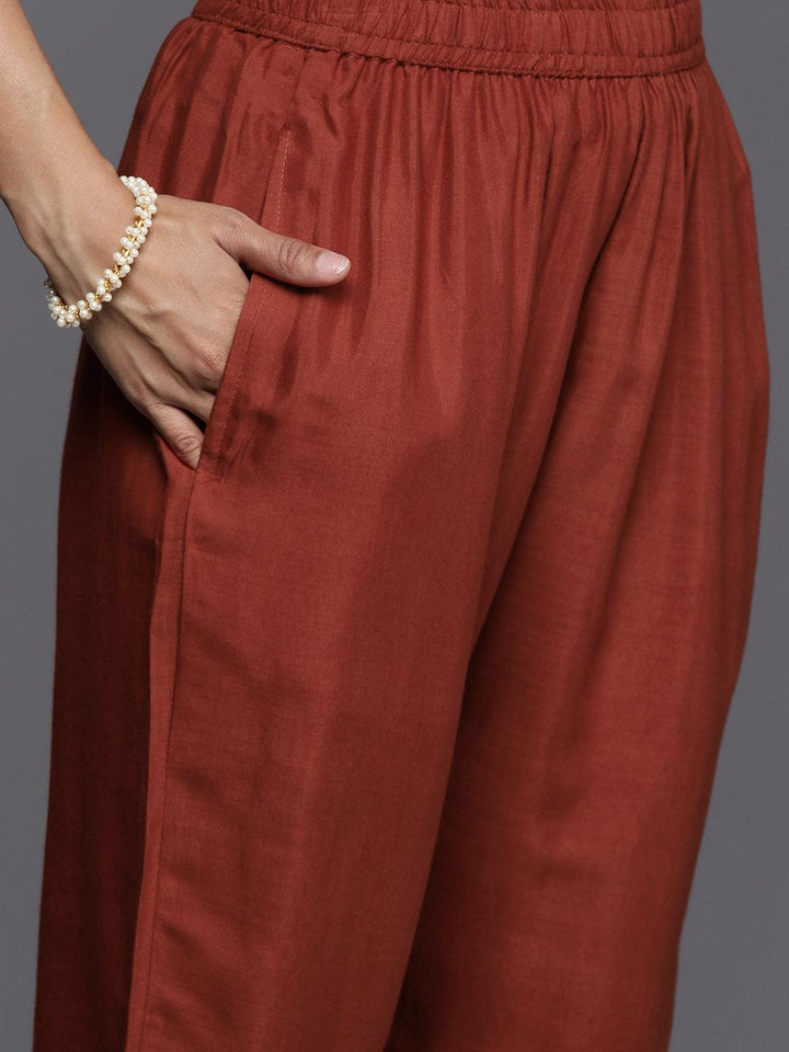 Rust Printed Silk Blend Straight Kurta With Trousers & Dupatta