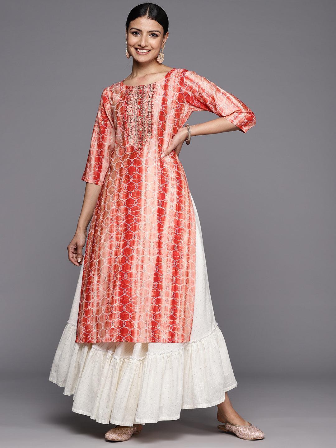 Rust Printed Silk Straight Kurta - ShopLibas