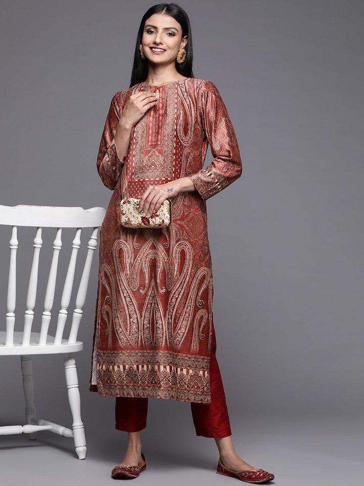 Rust Printed Velvet Straight Kurta